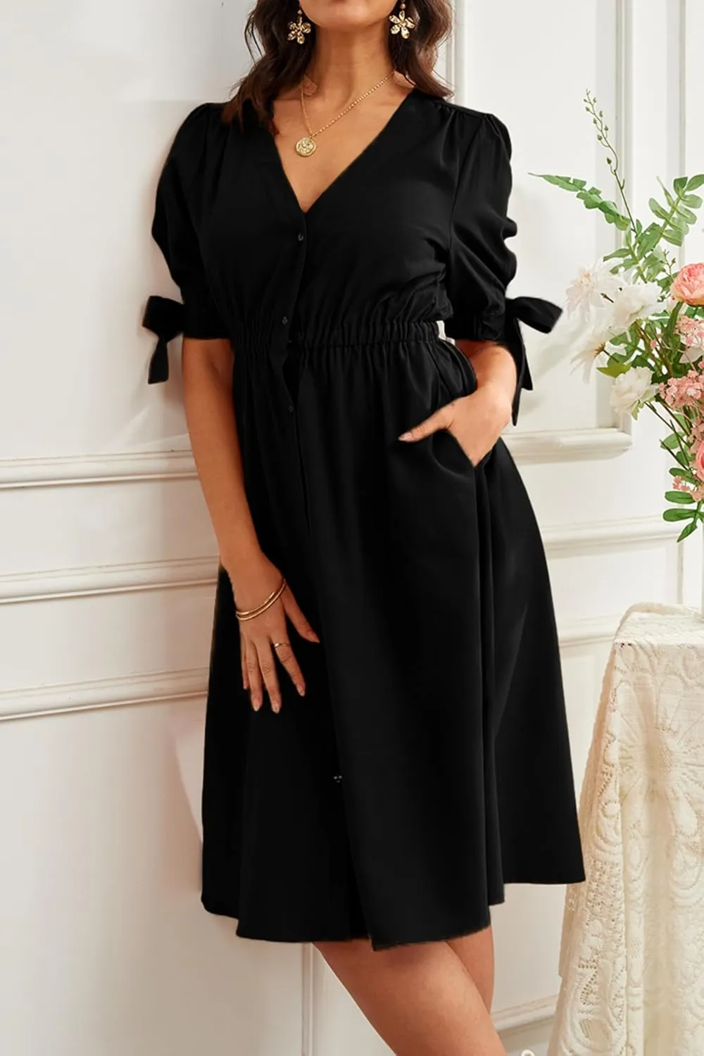 Women's V-Neck Button Front Casual Linen Blend Midi Elastic Waist Dress with Pockets