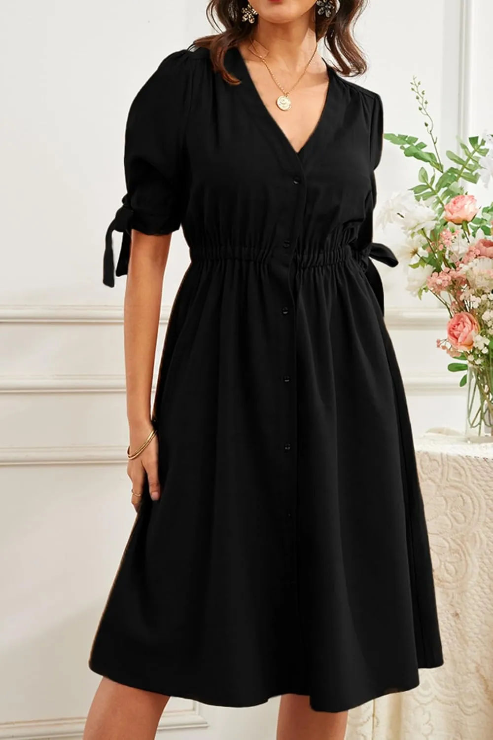 Women's V-Neck Button Front Casual Linen Blend Midi Elastic Waist Dress with Pockets