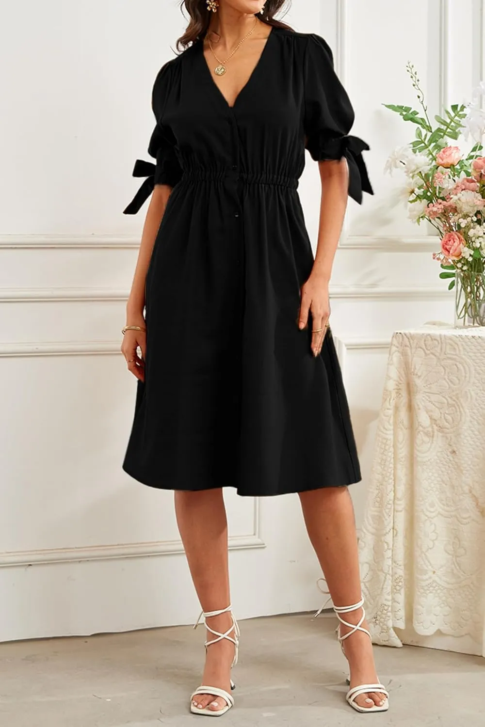 Women's V-Neck Button Front Casual Linen Blend Midi Elastic Waist Dress with Pockets