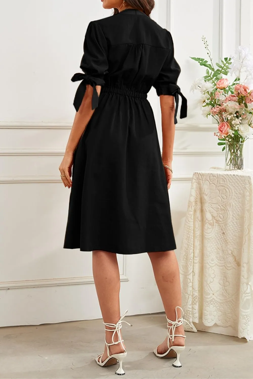 Women's V-Neck Button Front Casual Linen Blend Midi Elastic Waist Dress with Pockets