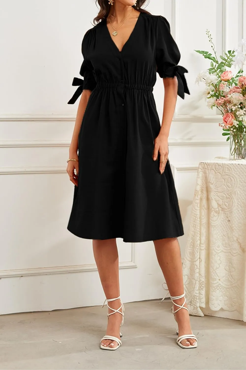 Women's V-Neck Button Front Casual Linen Blend Midi Elastic Waist Dress with Pockets
