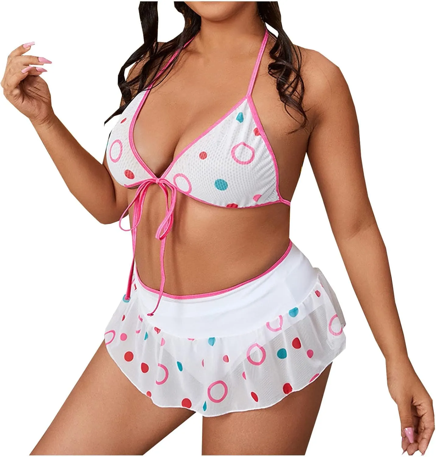 Women's Valentine's Day Lingerie Sets Plus Size Love Heart Print Sexy Mesh Lace Up Halter Bralette with Mini Skirt