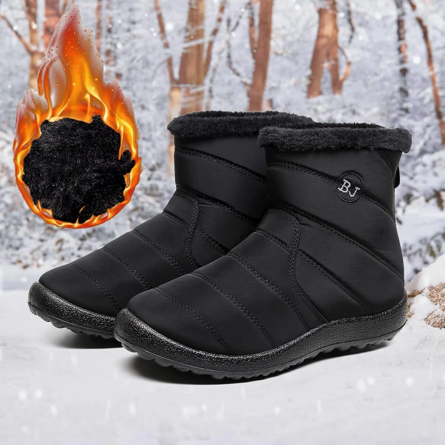 Womens Warm Fleece Lined Winter Snow Boots Water-proof Ankle Boots Outdoor Booties Comfortable Shoes for Women Slip On Walking Shoes Zip Up Flat Boots Anti-Slip Shoes for Christmas Party