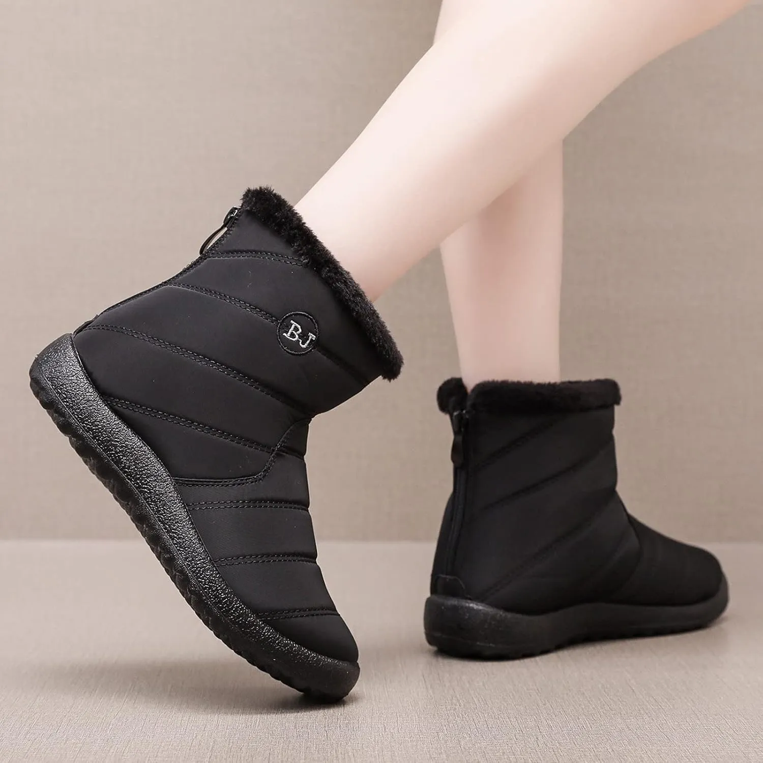 Womens Warm Fleece Lined Winter Snow Boots Water-proof Ankle Boots Outdoor Booties Comfortable Shoes for Women Slip On Walking Shoes Zip Up Flat Boots Anti-Slip Shoes for Christmas Party
