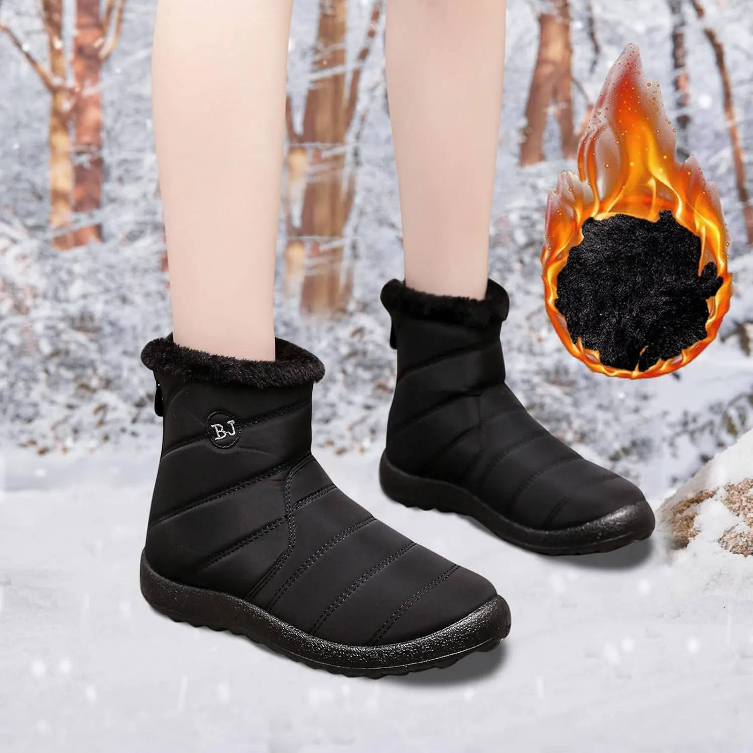 Womens Warm Fleece Lined Winter Snow Boots Water-proof Ankle Boots Outdoor Booties Comfortable Shoes for Women Slip On Walking Shoes Zip Up Flat Boots Anti-Slip Shoes for Christmas Party