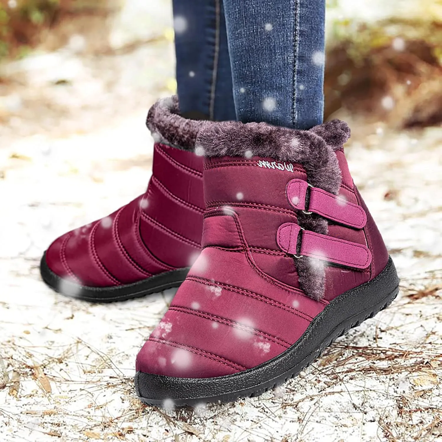 Womens Winter Snow Boots Warm Fleece Lined Short Boots for Women Anti Slip Booties with Double Hook Loop Comfortable Outdoor Shoes for Women Slip On Ankle Booties Mid Calf Boots