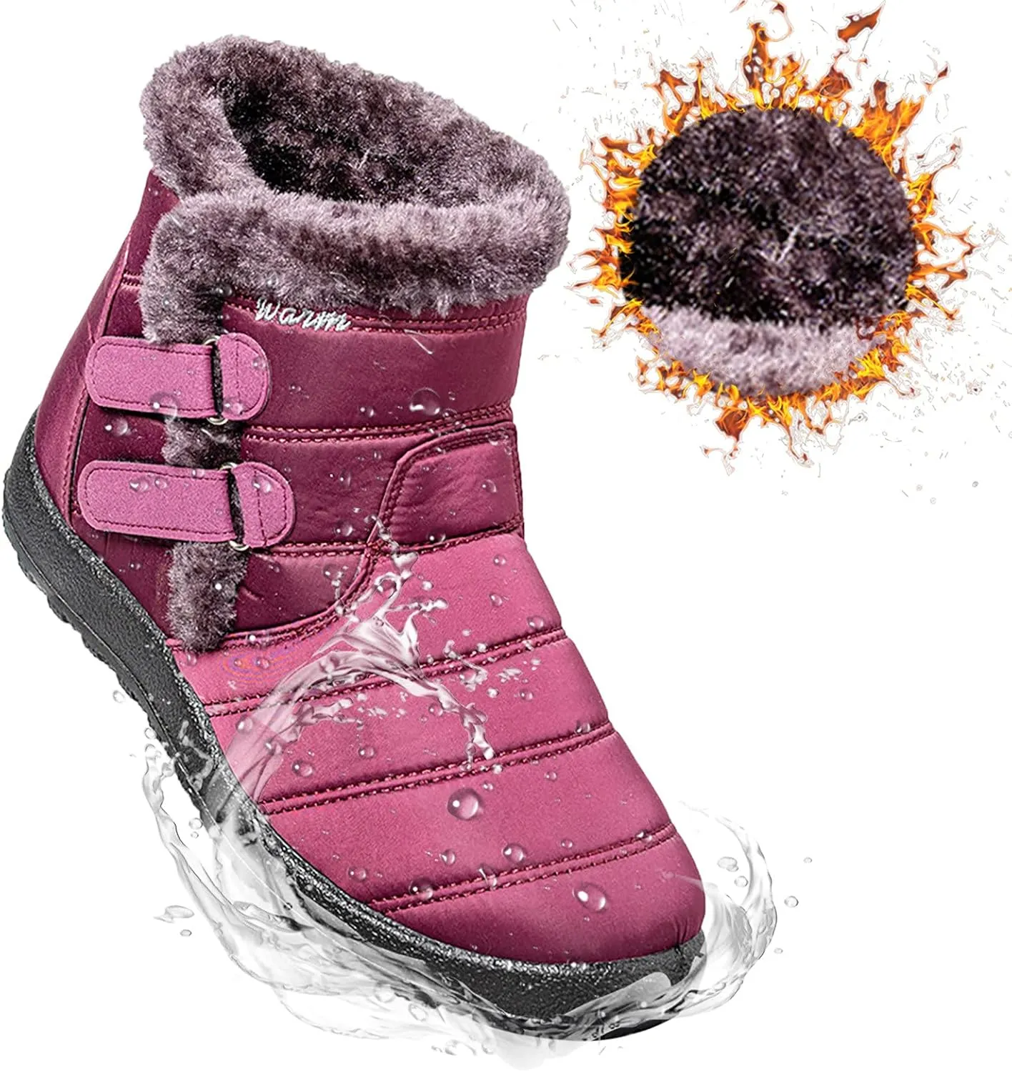 Womens Winter Snow Boots Warm Fleece Lined Short Boots for Women Anti Slip Booties with Double Hook Loop Comfortable Outdoor Shoes for Women Slip On Ankle Booties Mid Calf Boots
