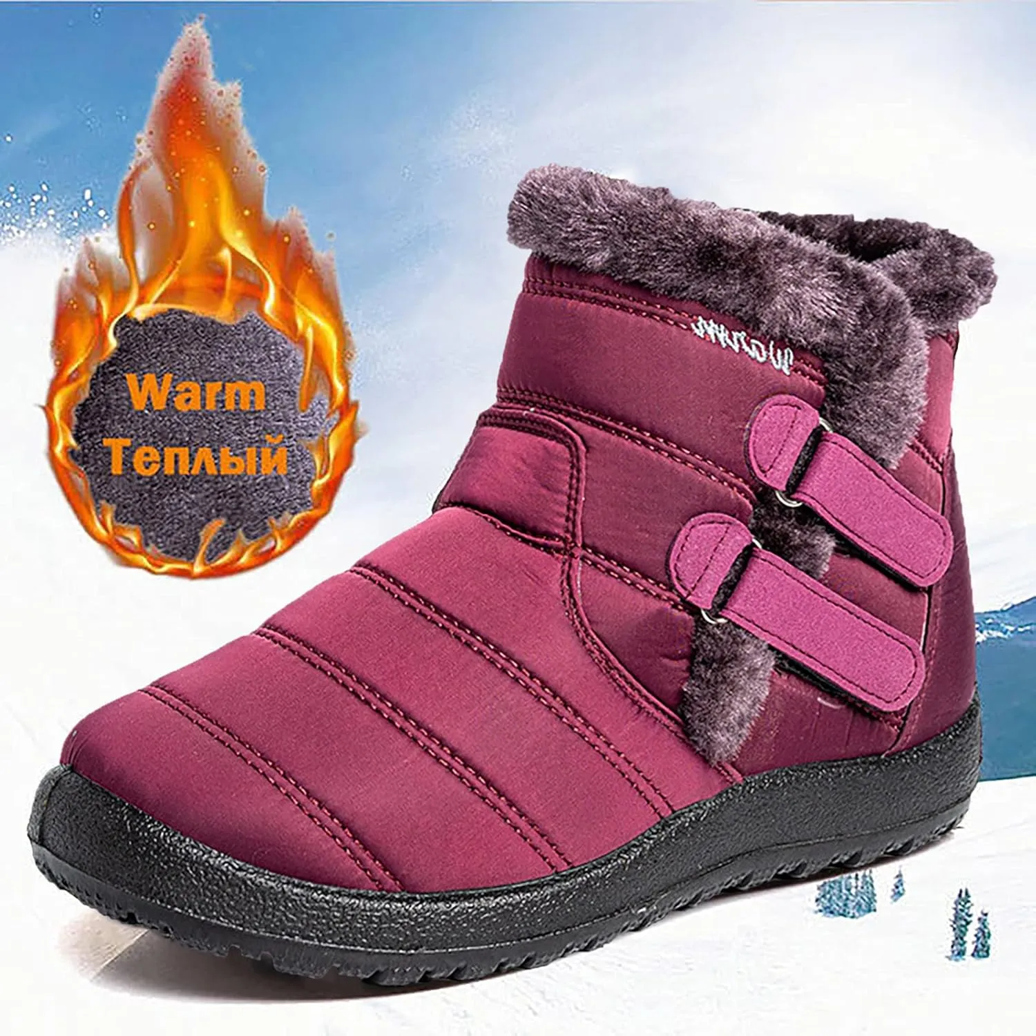 Womens Winter Snow Boots Warm Fleece Lined Short Boots for Women Anti Slip Booties with Double Hook Loop Comfortable Outdoor Shoes for Women Slip On Ankle Booties Mid Calf Boots