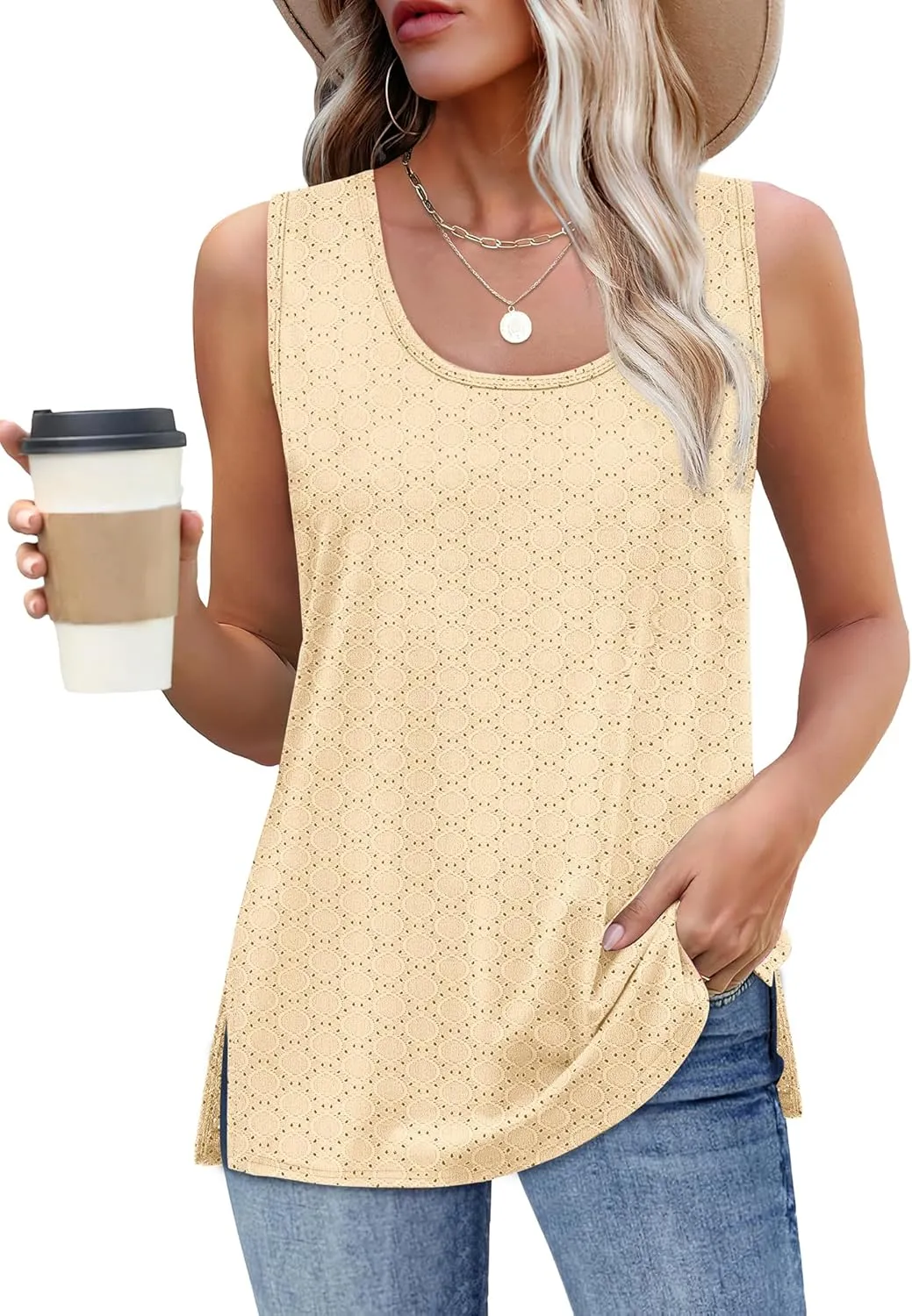 XIEERDUO Womens Tank Tops Sleeveless Eyelet Embroidery Summer Tops Dressy Casual Loose Fit