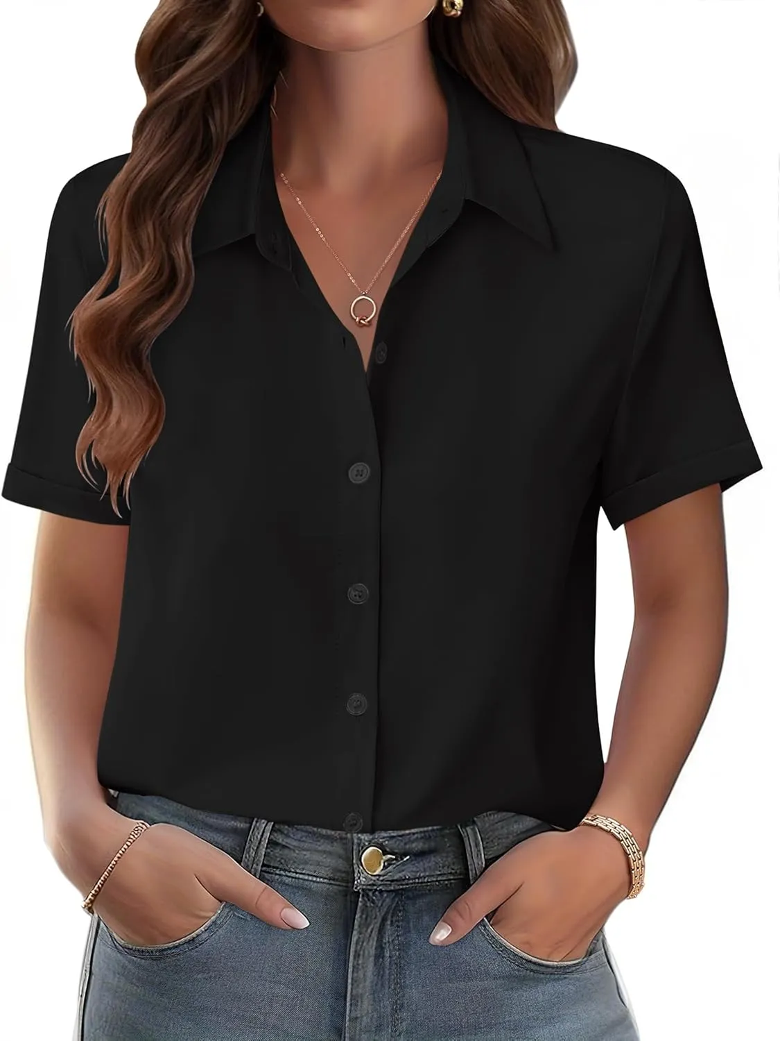 Zeagoo Womens Button Down Blouse Rolled Cuffed Short Sleeve Shirts Casual Work Blouse Summer Hawaiian Outfits
