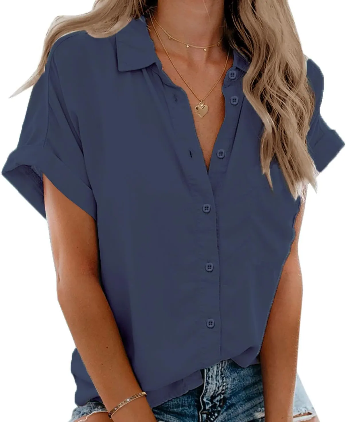 Zeagoo Women's Button Down Shirts Short Sleeve Casual Oversized Shirts Loose Collared V Neck Blouses