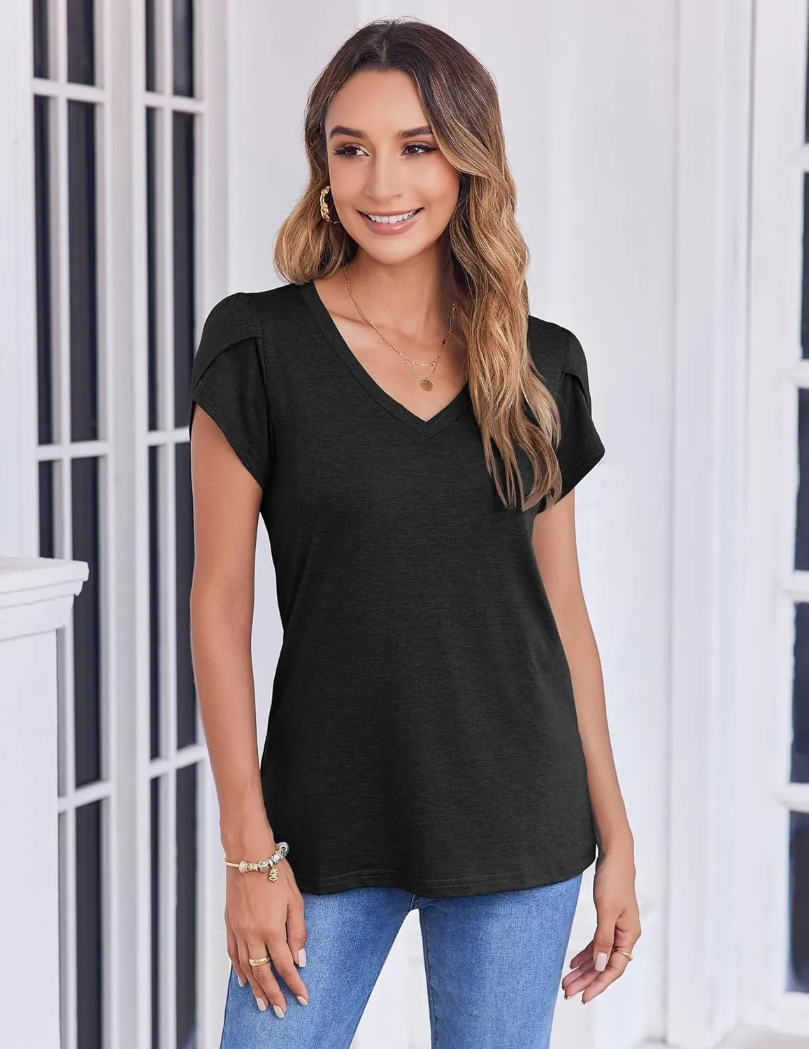 Zeagoo Womens Shirts Casual Short Sleeve Tees Dressy Casual Patel Blouses V Neck Summer Tops