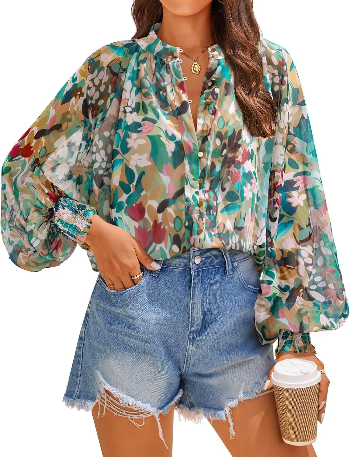 ZESICA Women's Floral Print Blouse 2024 Long Sleeve Button Down Casual Fall Boho Oversized Tops Shirts